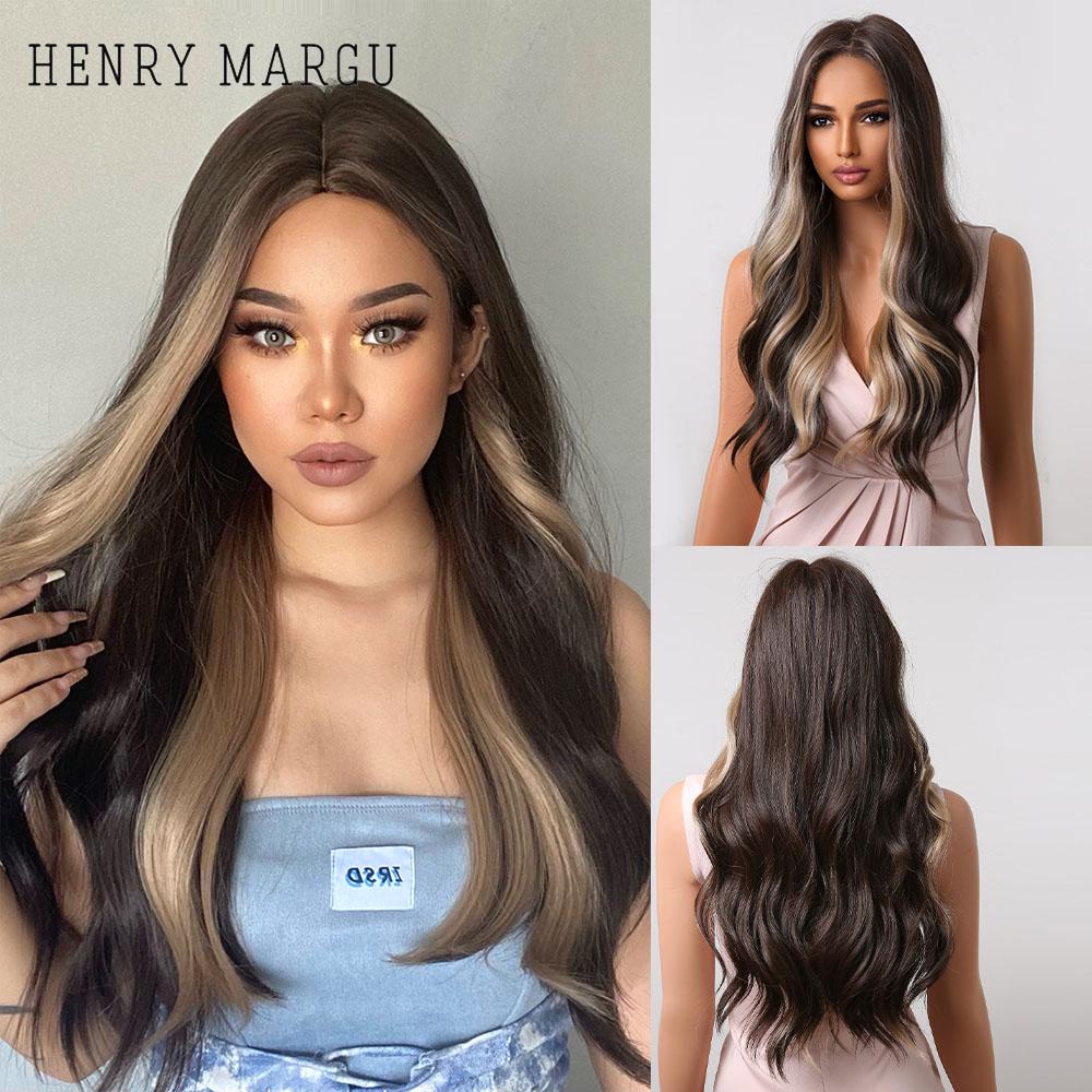 HENRY MARGU Dlouhá střední část Vlnitá syntetická paruka pro ženy Ombre Šedá Světle popelavá Blond Paruky Tmavé kořeny Umělé vlasy při vysoké teplotě