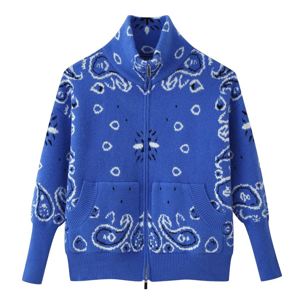 Women Long Sleeve Knit Cardigan Jacket Zipper Decor Geometric Pattern Loose Fit