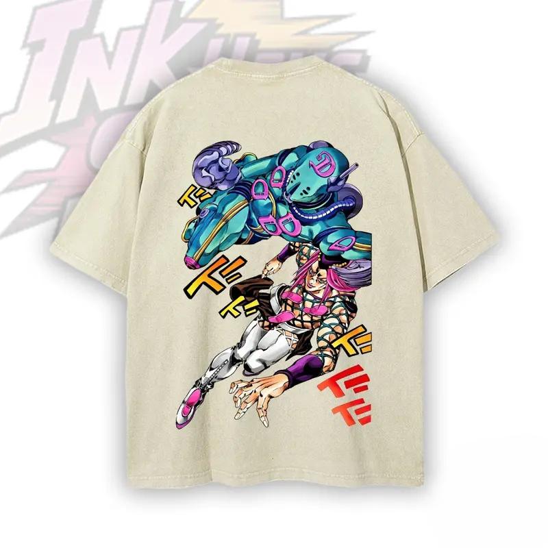 JoJo's Bizarre Adventure Anasui Bedrucktes T-Shirt Herren Damen Retro Gewaschene T-Shirts Übergroßes Baumwoll-T-Shirt Kurzarm Streetwear