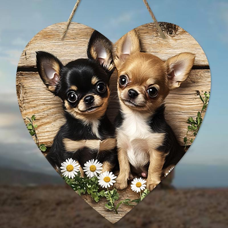 Drewniany Znak w Kształcie Serca z Uroczym Wzorem Chihuahua - Unikalna Okrągła Ozdoba na Drzwi Wejściowe, Dekoracja Ścienna - Idealna Domowa Dekoracja do Zawieszenia