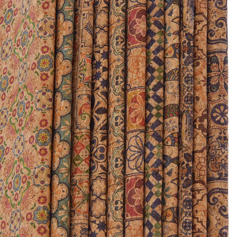 Designer 0.45 mm Organic Vegan Synthetic Printed PU Leather Cork Fabric for Clothing Bags Shoes Making Phone Case Cover Notebook