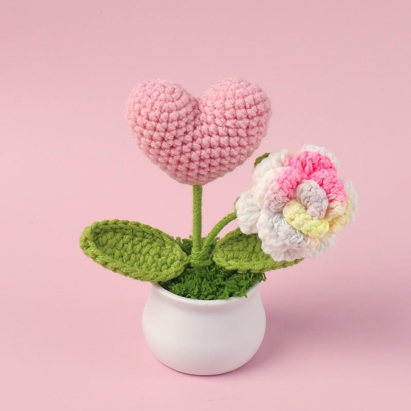 Hand-Knitted Wool Fake Flowers Set: Sunflower, Carnation, Tulip - Desktop Decor, Teacher/Student Gift, Everlasting Bouquet