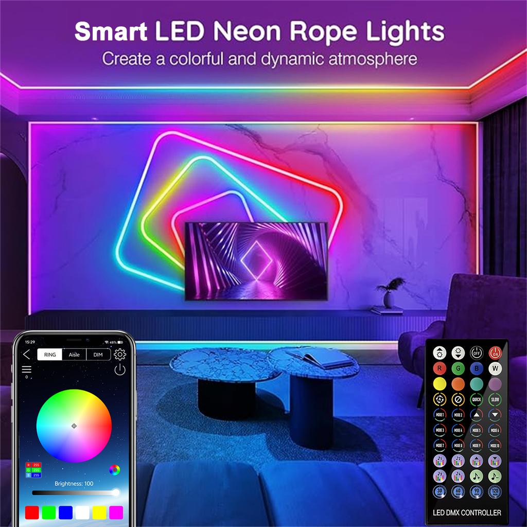 24V RGB Neon Strip Light 3/5/10M Led Waterproof Neon Rope Lights Bluetooth Remote Control Music Sync For Indoor Outdoor Gaming