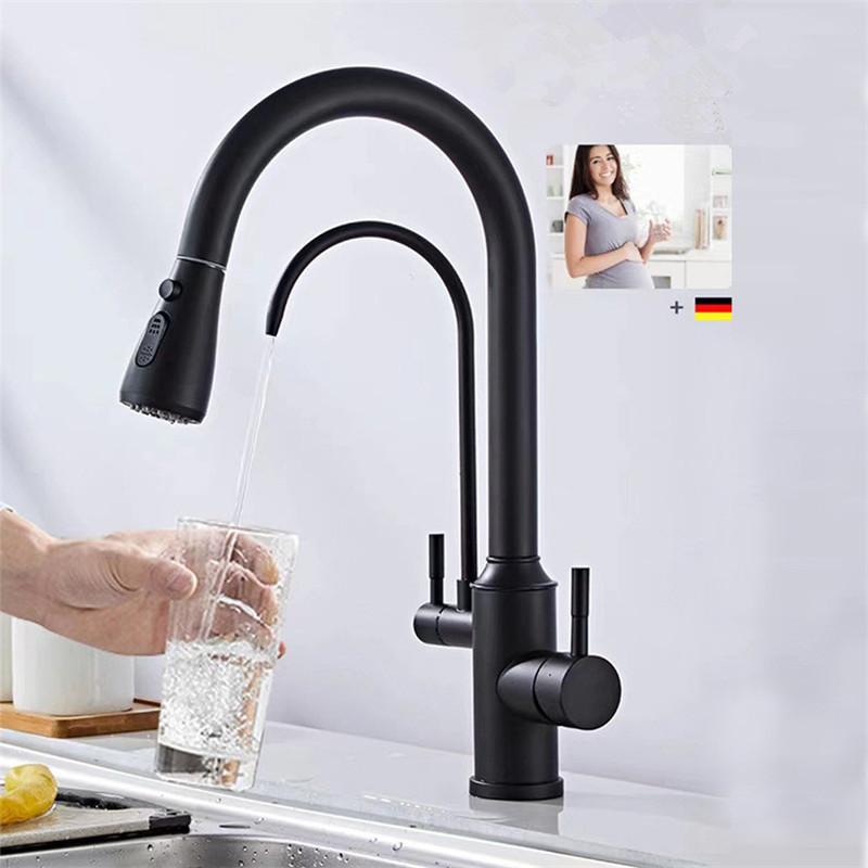 Tuqiu Black Pull Out Kitchen Faucet Water Filter Tap Brass Crane For Kitchen Deck Mounted Sink Faucet Mixer 3 Way Kitchen Faucet