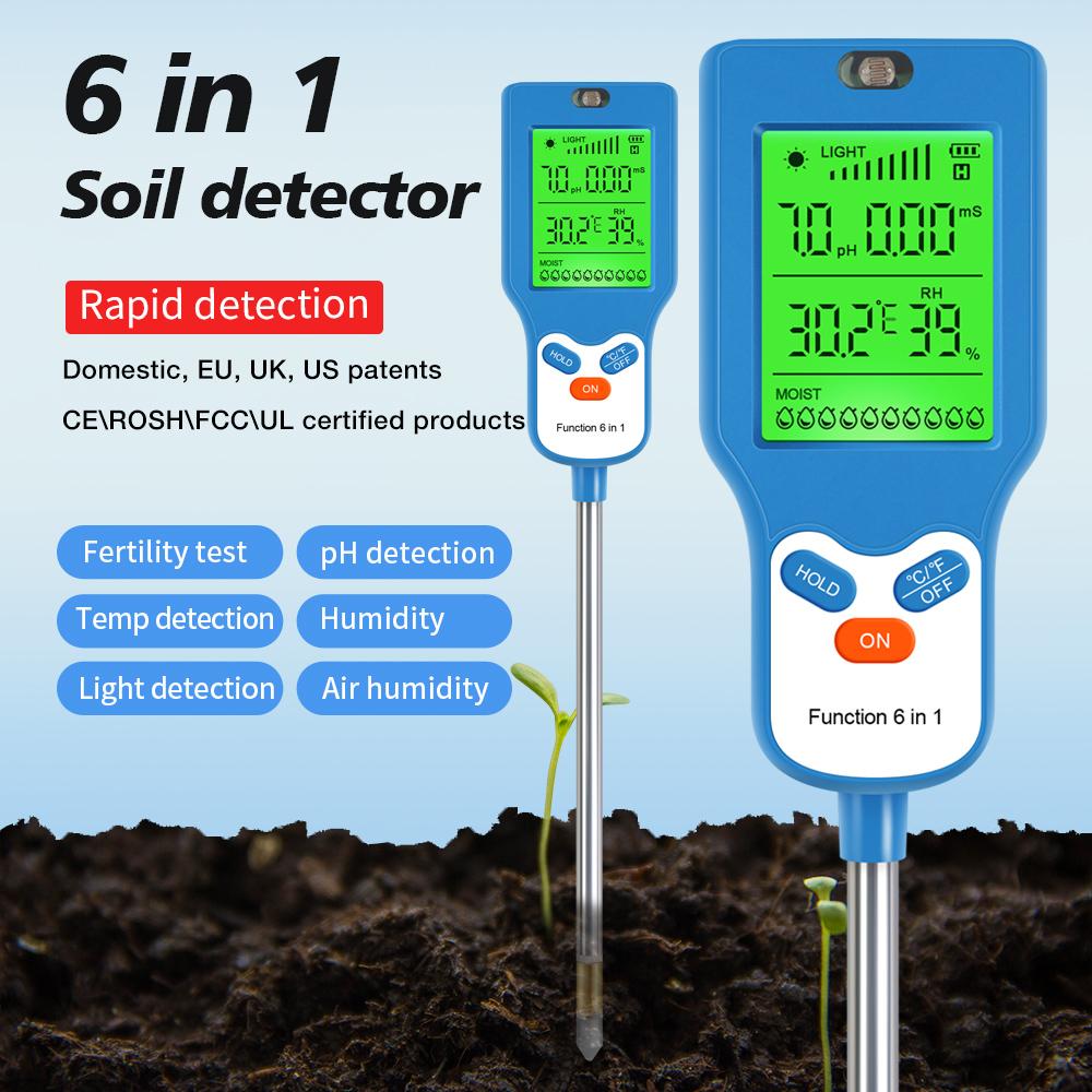 90° Digital 6 in 1 Multifunctional Soil PH Temperature Meter Farm Garden Fertility Moisture Sunlight Humidity Tester Detector