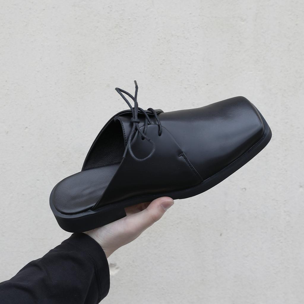 Summer new half-drag leather shoes personalized black square scalp slippers