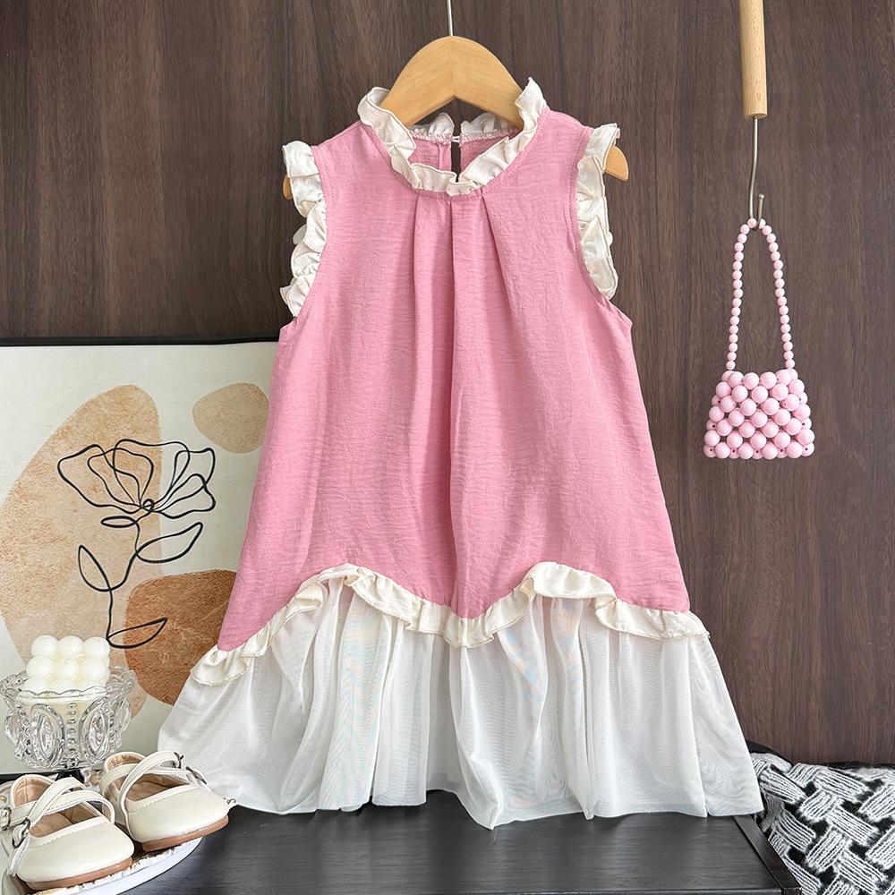Sweet Girls Sleeveless Dress Cute Princess Spliced Mesh Children Dress Fashionable Kids Party Vest Dress For Summer 110cm розовый