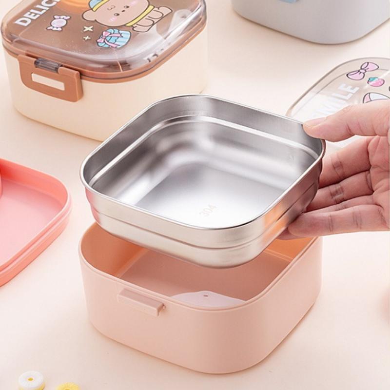 Tragbare Kinder Lunchbox Edelstahl Bento Box Mit Geschirr Cartoon Lebensmittelaufbewahrung Picknick im Freien Obstsalat Box