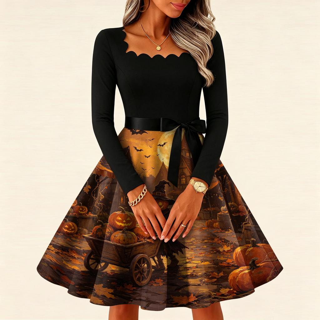 Women's Vintage Long Sleeve Square Neck Dress with Halloween Print for Party Evening Wear