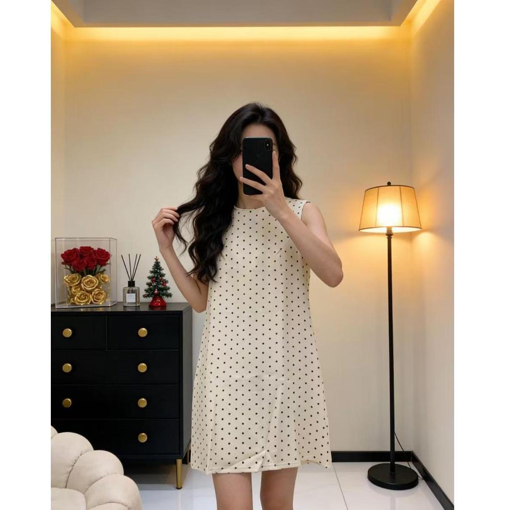 Women's Summer Retro Polka Dot Sleeveless Dress with Round Neck and Back Cutout
