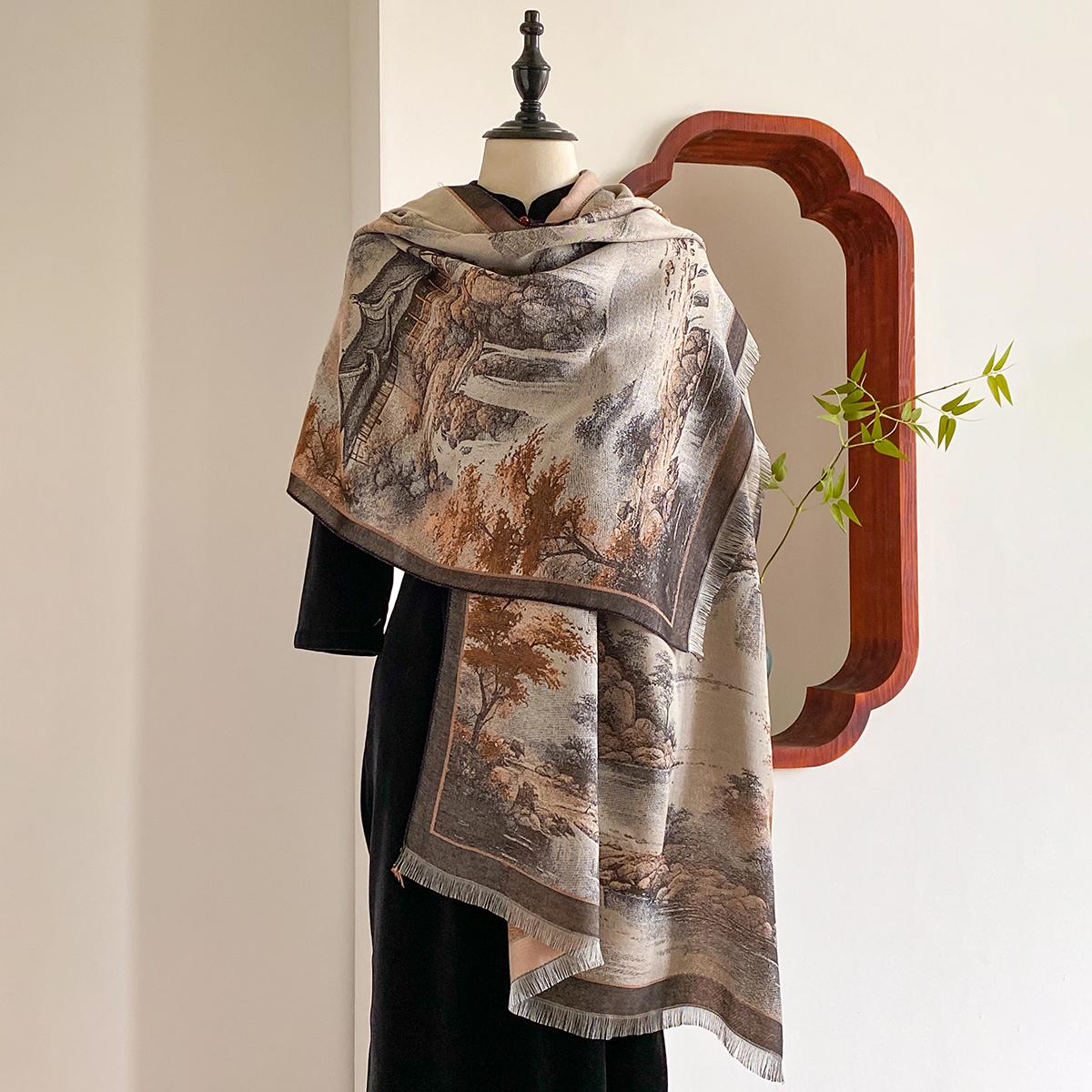 Chinese Style Landscape Painting Women Scarf Soft Warm Pashmina Shawl Winter Outdoor Coldproof Windproof Blanket Scarf