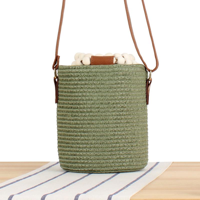 2025 Women Fashion Leisure Handmade Woven Handbags Wooden Beads Handle Bucket Bag Lady Trendy Shoulder Beach Bags