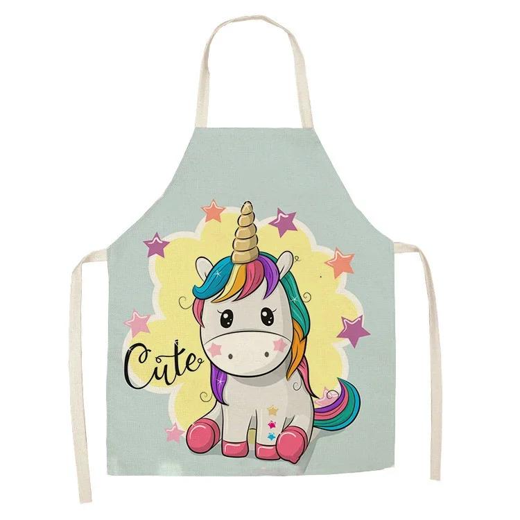 1Pcs Kitchen Apron Cartoon Unicorn Music Printed Cotton Linen Aprons for Women Men Cooking Accessories Delantal Cocina Mujer