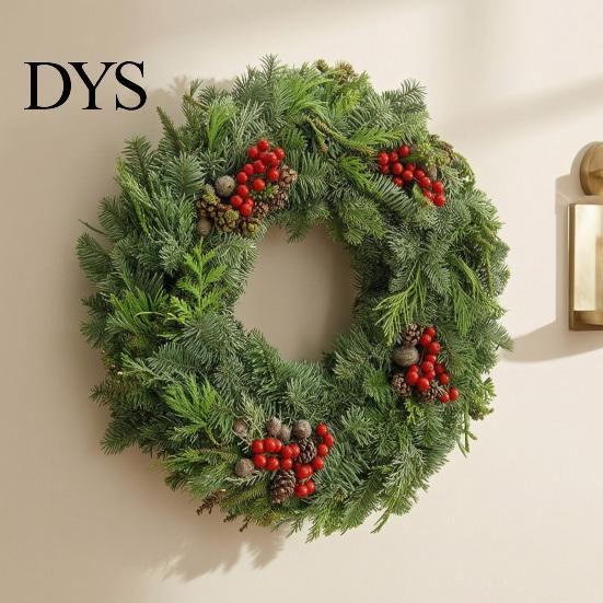 Indoor Outdoor Seasonal Ornament Christmas Garland Wall Sticker, Pine And Cypress Branch Decal with Red Berries & Peel Stick Cones, Xmas Wreath