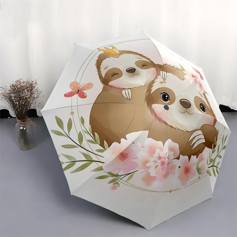 1pc Cute Sloth Family Design Automatic Opening/Closing Umbrella - Portable 3-Fold Design, 8 Iron Frame Outdoor Umbrella, Perfect Gift for Fans, T