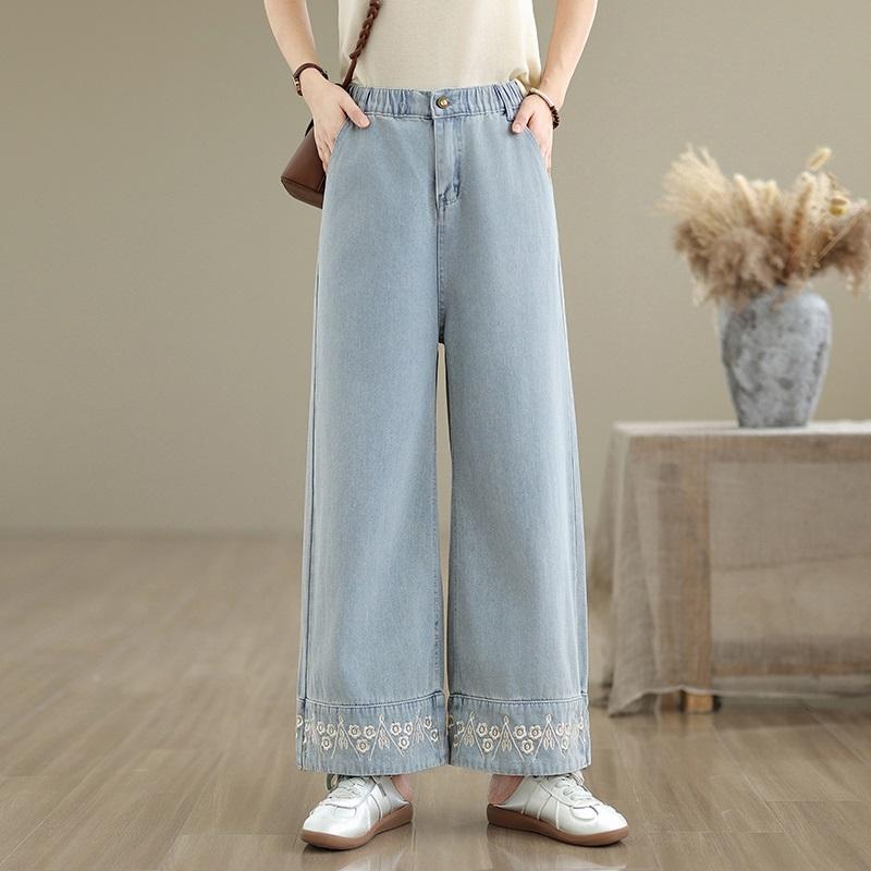 plus size Vintage embroidery floral high waist casual loose Women summer autumn spring jeans denim Straight Pants