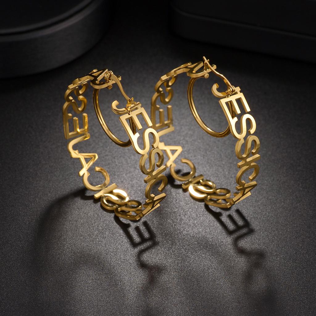 Atoztide 50mm Personalized Custom Name Earrings Hoops Stainless Steel for Women Letters Hollow Nameplate Fashion Jewelry Gift