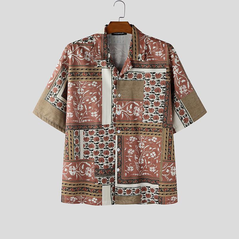 INCERUN Summer Men Lapel Neck Short Sleeve Print Beach Casual Holiday Hawaiian Shirts