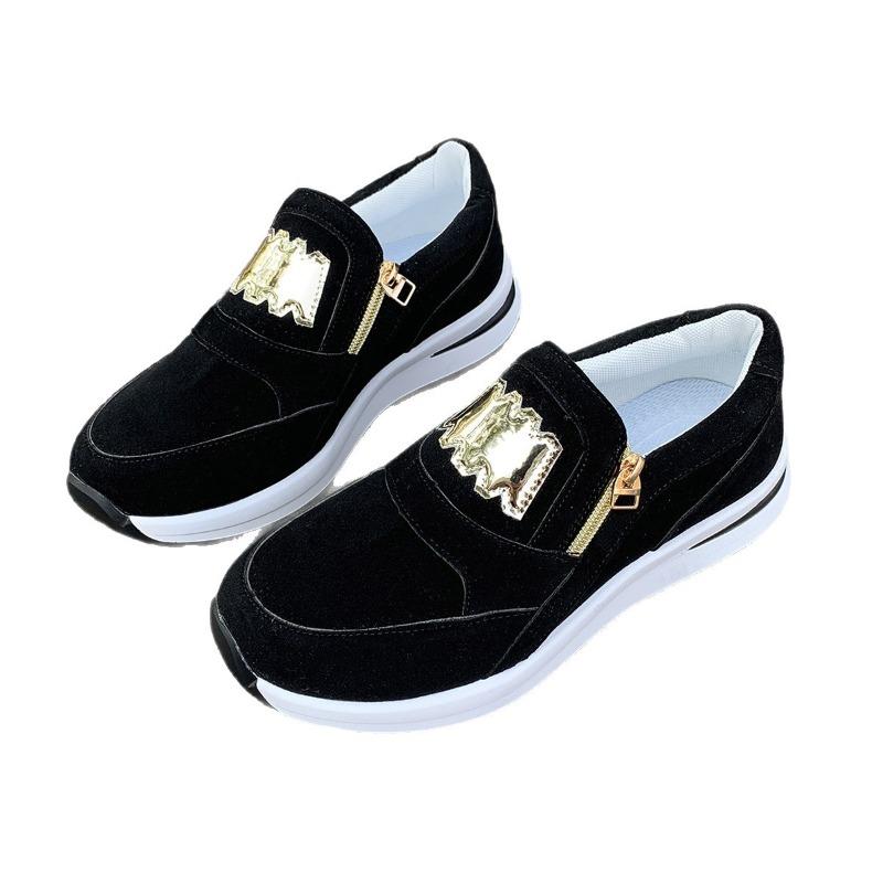Women's Wide Width Platform Sneakers, Side Zipper Round Toe Flats, Solid Color Wholesale Shoes In Stock