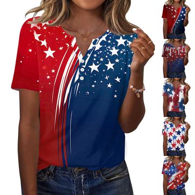 Damen-T-Shirt mit Aufdruck „Unabhängigkeitstag“ und Knopfleiste, kurzärmelig, für den Alltag und das Wochenende, modisch, Basic, V-Ausschnitt, normales Oberteil