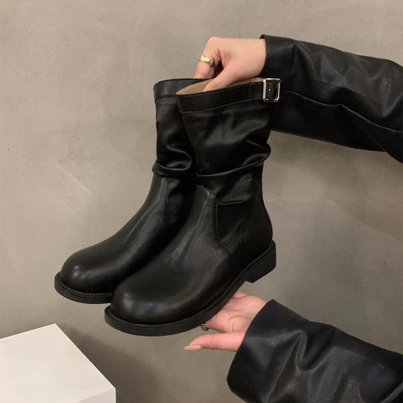 

Женские ботильоны Осенняя мода Круглый носок Пряжка Удобные Нескользящие Уличные Короткие ботинки Ретро Ботинки до середины икры 40