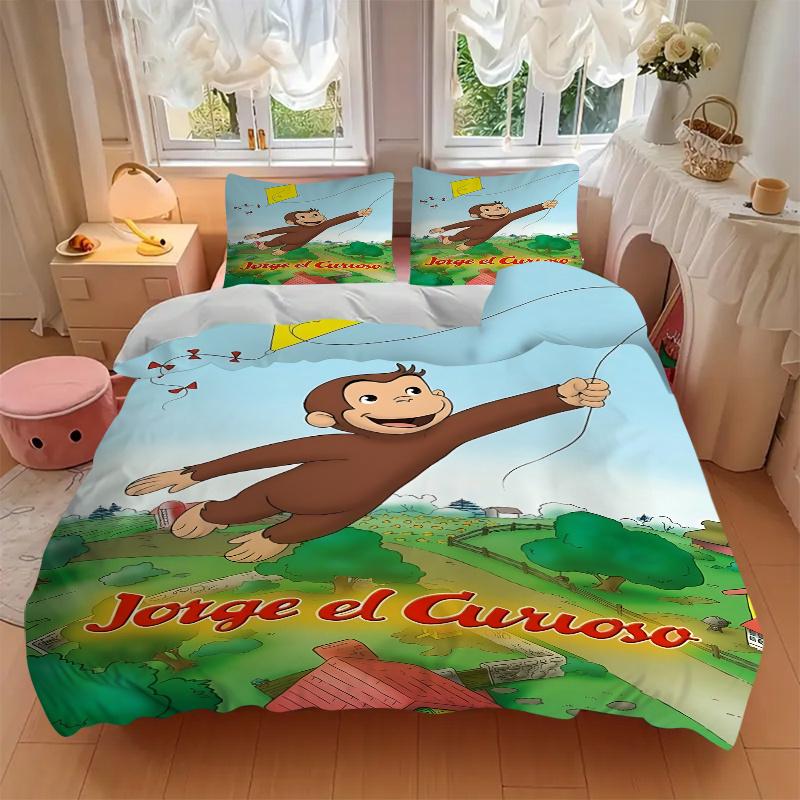 3pcs Curious George Flying Kite Home Bedding Set-Universal Three-Piece Suit for Bedroom, Guest Room, Living Room, Hotel-Perfect Gift for Fan