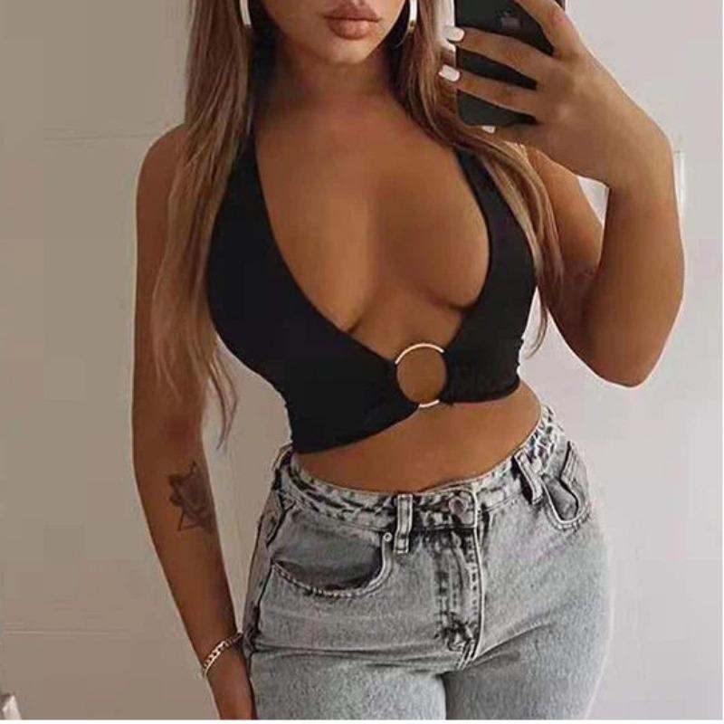 Women Sexy Slim Fit Solid Halter Cropped Cami Top