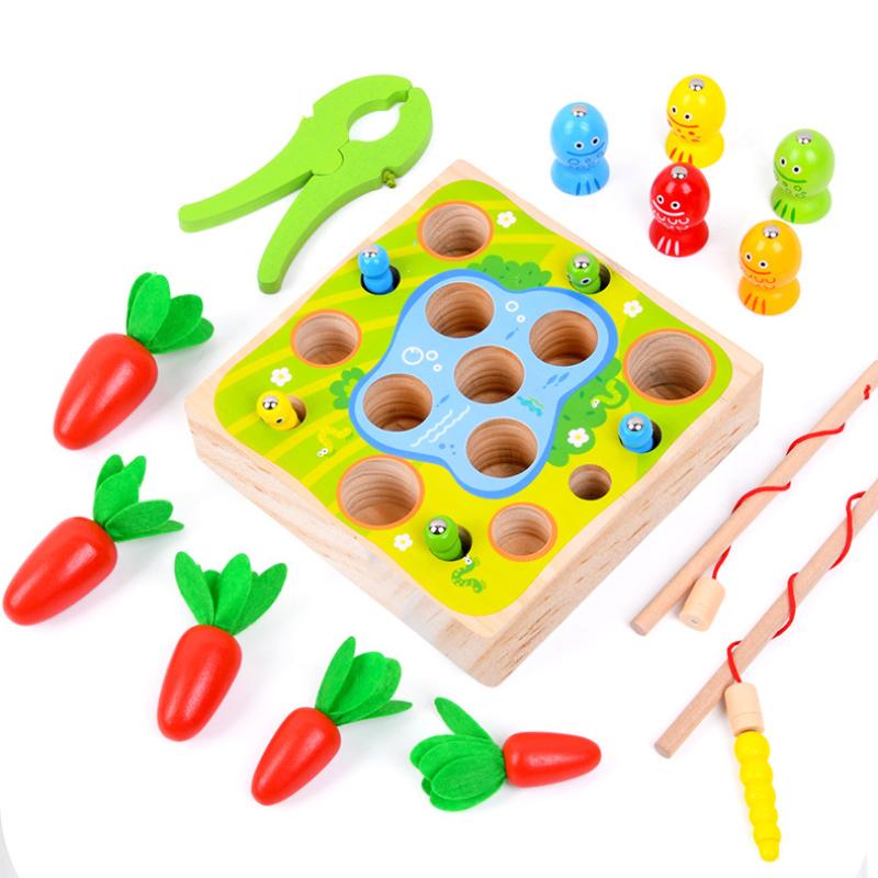 Toys Carrot Montessori Harvest Toddler Shaped Matching Game Fishing Wooden Skill