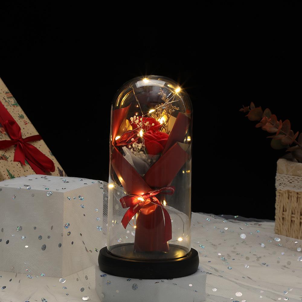 New Glass Cover Rose Eternal Flower, Mother's Day Gift Luminous Soap Bouquet Ornament, Exquisite Simulated Flower