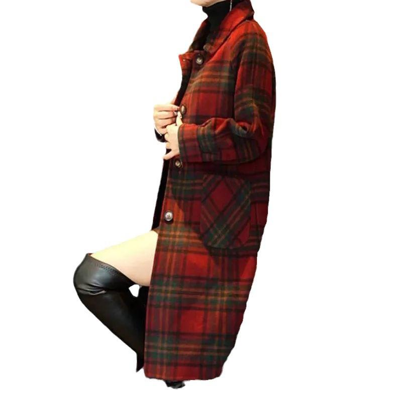 2024 Autumn/Winter Red Plaid Wool Coat - Korean Style Double-Faced Overcoat for Women, Perfect for Middle-Aged and Elderly Moms.