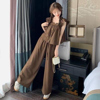 Petite Women's Summer 2026 Korean Style Flutter Sleeve Top & Wide-Leg Pants Set