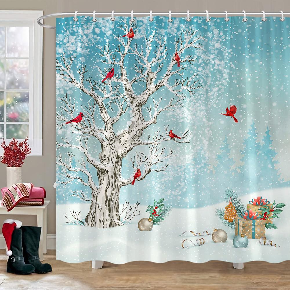 Winter Christmas Shower Curtain Red Truck Snowman Reindeer Snowy Farmhouse Bath Curtain Washable Polyester Fabric Bathroom Decor
