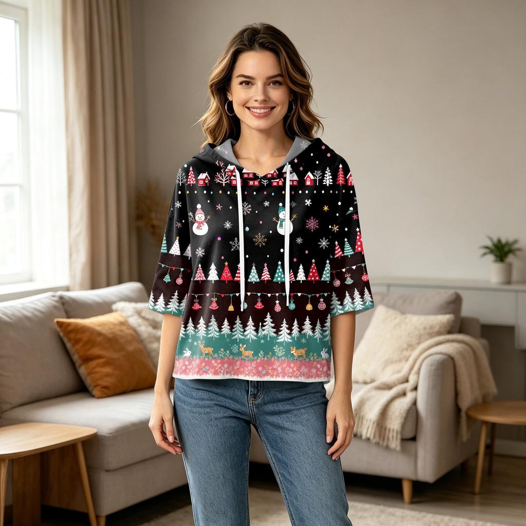 Women's Casual 3/4 Sleeve Hooded T-Shirt with Christmas Print