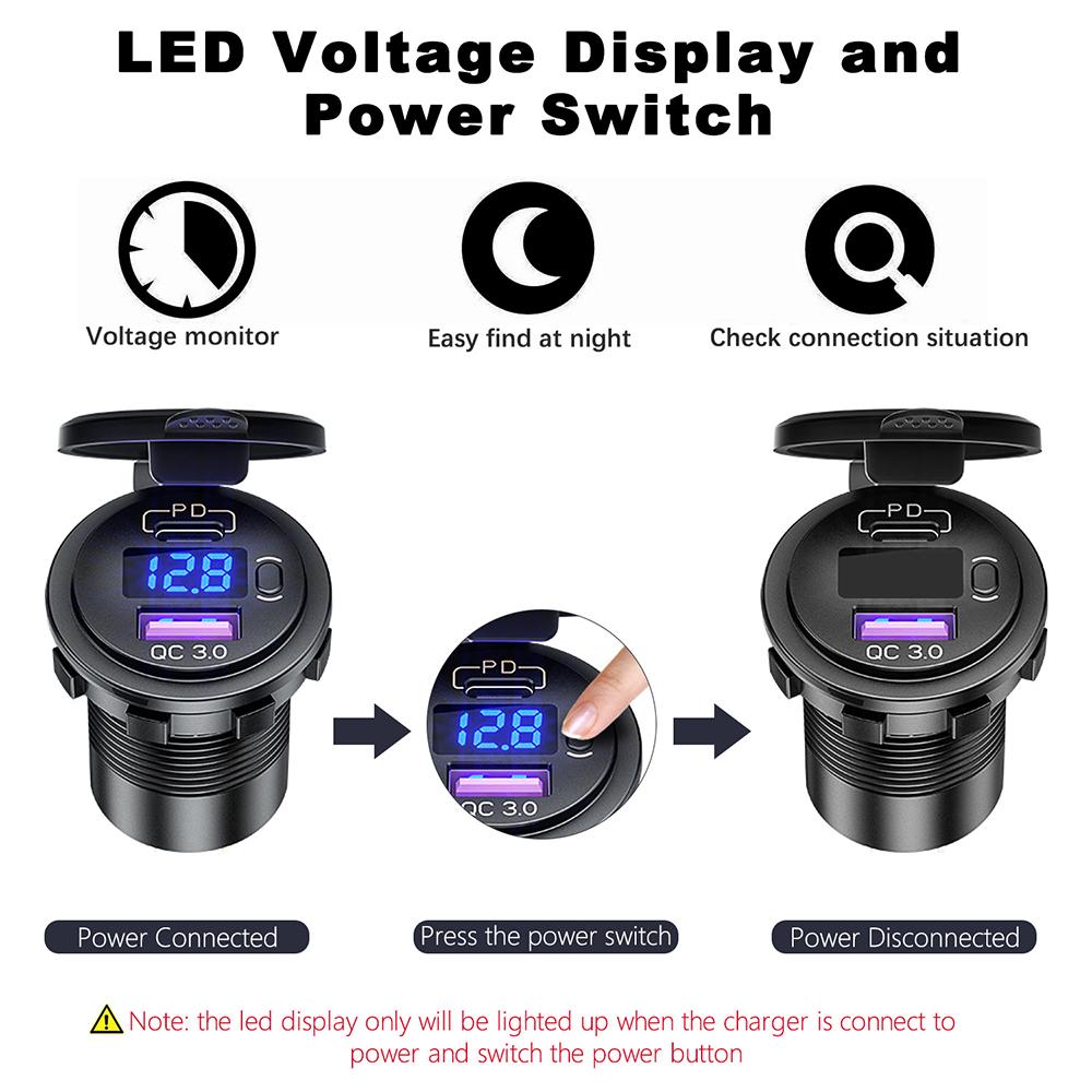 USB C Car Charger Socket 12V/24V Dual USB Socket PD3.0 and QC3.0 Car USB Port with LED Voltmeter and On/Off Switch