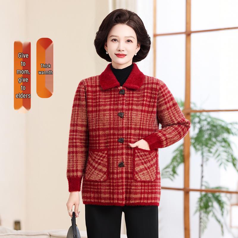 

Knitwear for Middle-aged and Elderly Women: Spring and Autumn Cardigan and Faux Mink Velvet Lapel Coat 2XL (105-120 lbs)