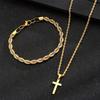 Gold Plated Stainless Steel Cross Pendant Necklace & Rope Chain Bracelet Jewelry Set for Men Women