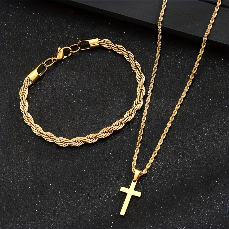 Gold Plated Stainless Steel Cross Pendant Necklace & Rope Chain Bracelet Jewelry Set for Men Women