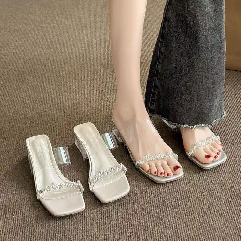 Cool slippers women's outer wear 2025 summer new thick heel rhinestone fairy wind with skirt crystal transparent middle heel slippers