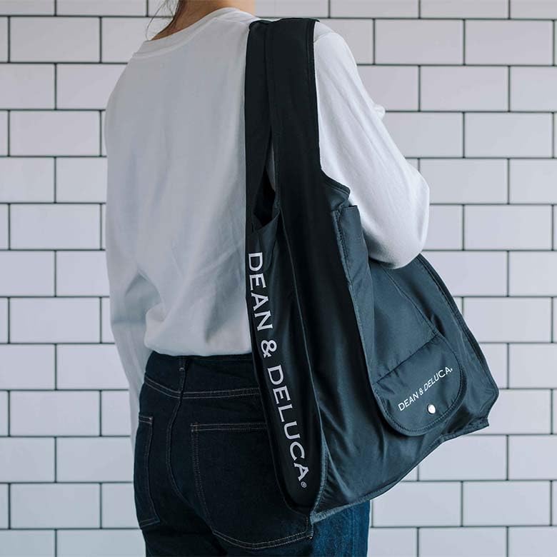 Dean & Deluca Shopping Bag, Black, Eco Bag, Foldable, Lightweight, Compact, 43 x 37 x 14 cm