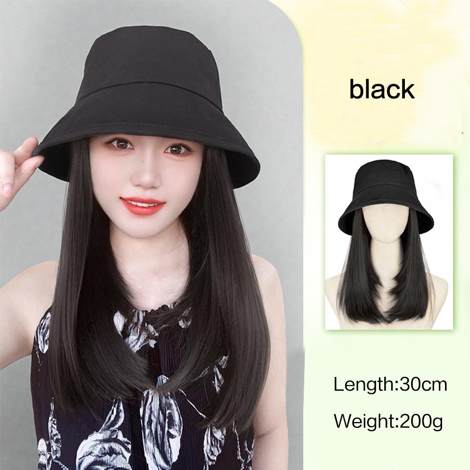 Black Fisherman's Hat Wig Hair Extensions Hat Wigs Synthetic Long Straight Clavicle Hair Warm Autumn Winter Cap Wig