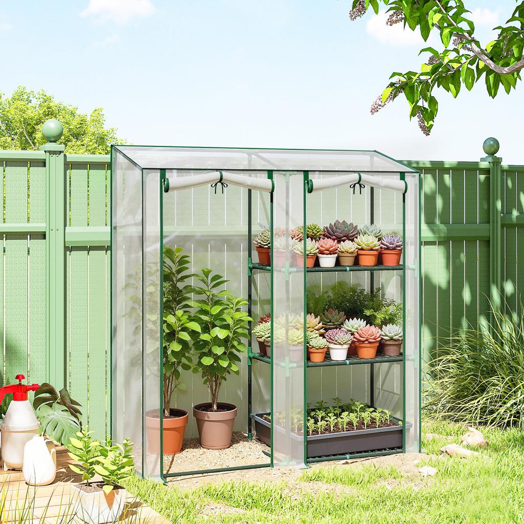Garden Greenhouse, 3-Tier Shelves, PVC Tarpaulin, Steel Frame, 2 Rolling Doors, Transparent