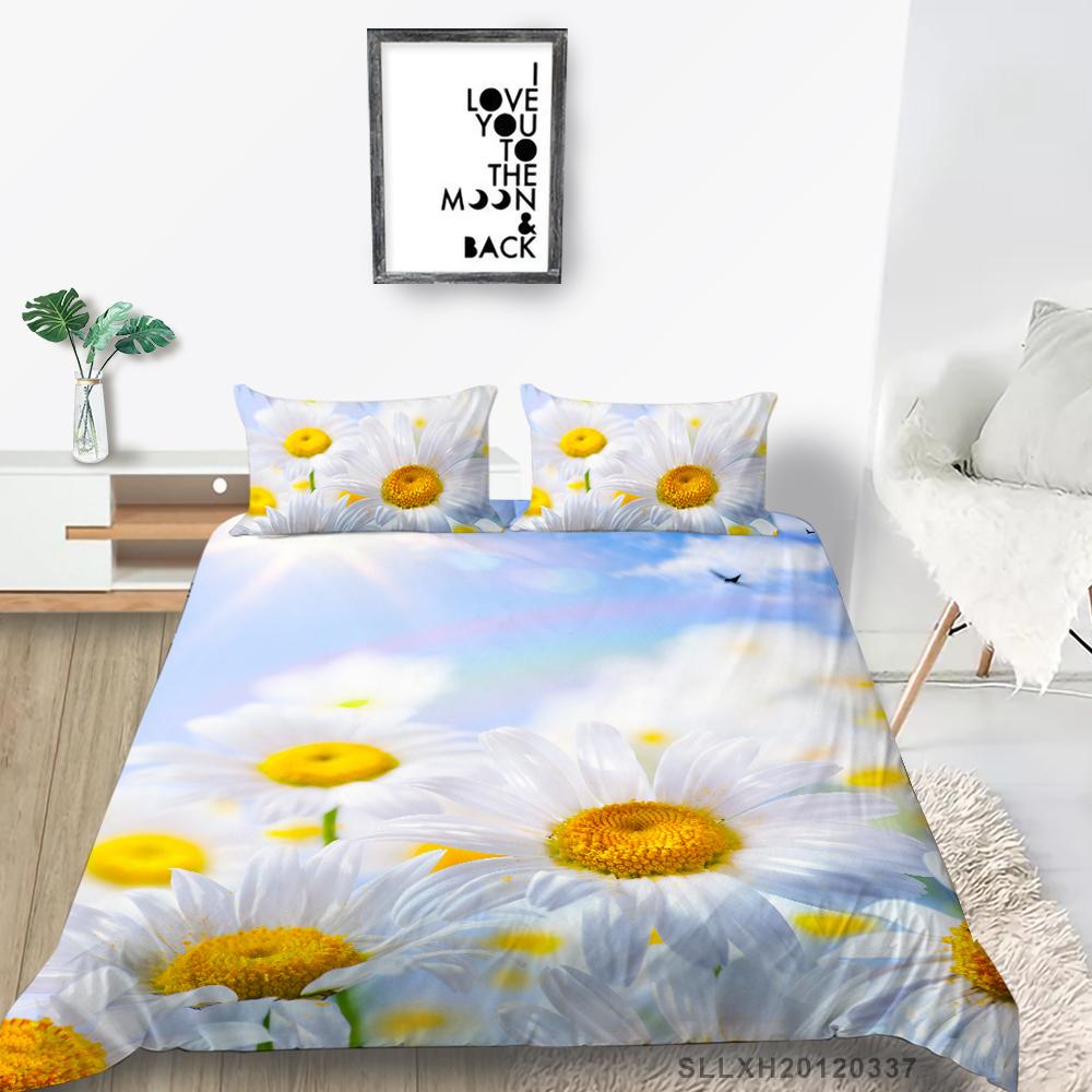 3D Small Daisy Pattern Bedding Single Double Bed Full Size Plant Chrysanthemum Pattern Pillowcase and Quilt Cover 2 or 3 Comfortable Home Decoration