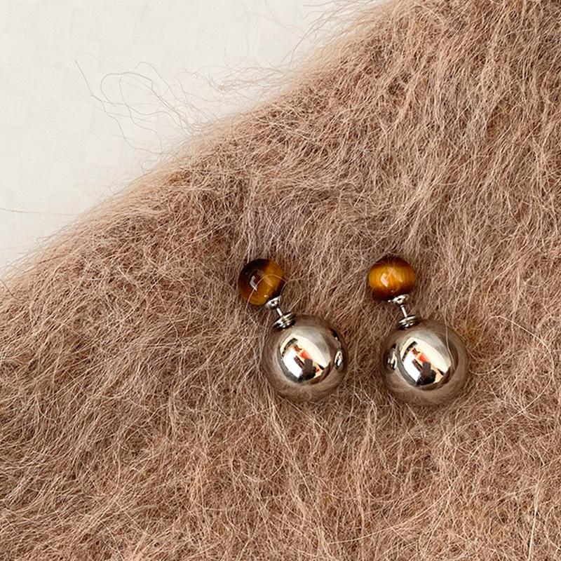 Sleek Tiger Eye Stud Earrings: Versatile Front & Back Design for Unique Fashion