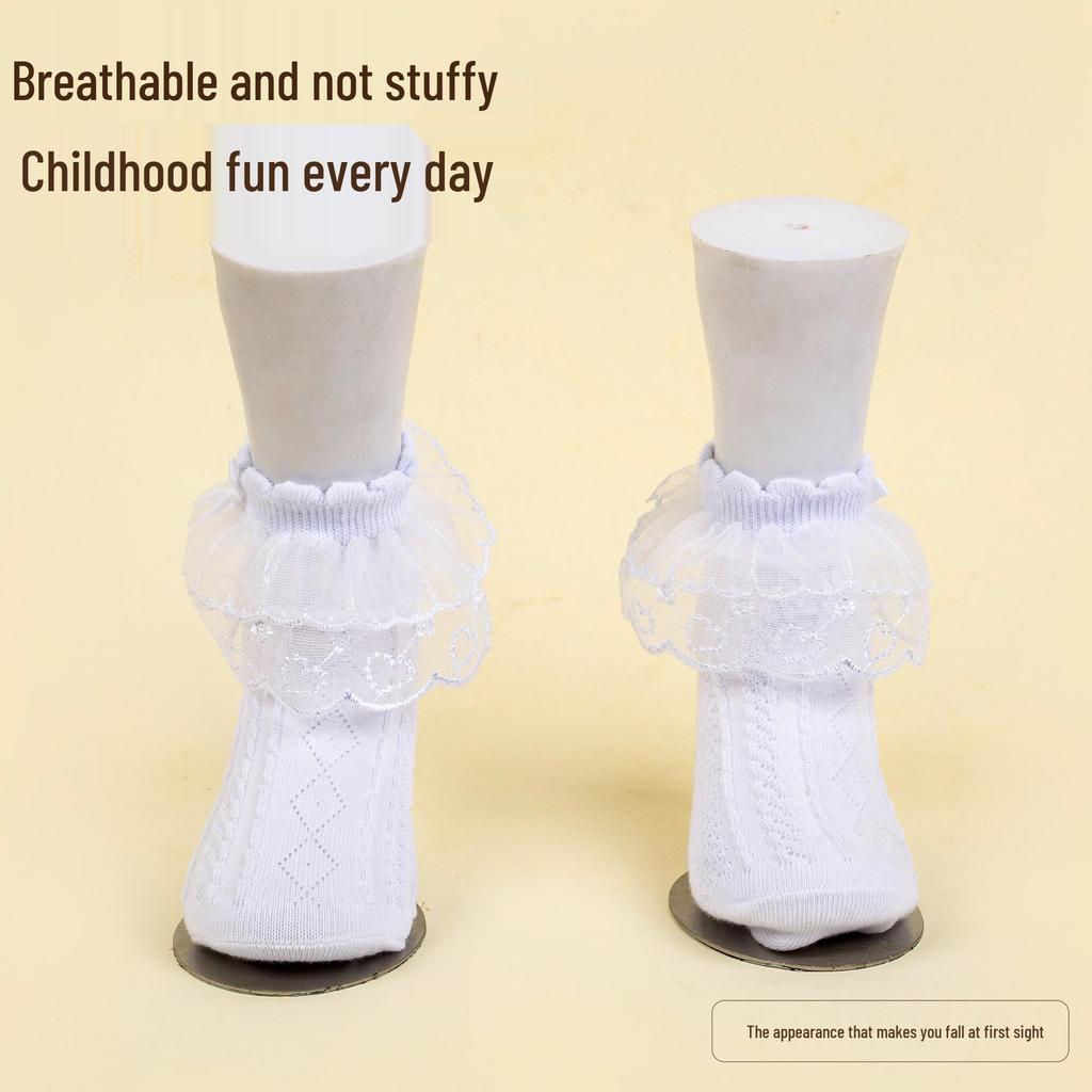 Children's White Cotton Lace Princess Socks - Breathable Mesh for Girls & Babies