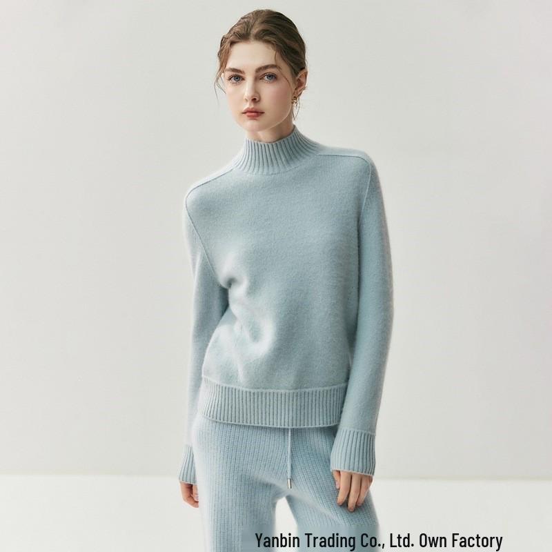 Elegant Women's Cashmere Sweater - Half-High Collar, Saddle Shoulder, Solid Color Knit for Autumn and Winter