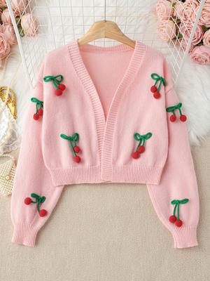 Europäische Kirsche Gestickter Strickcardigan - Lässiger Lockerer Langarmpullover