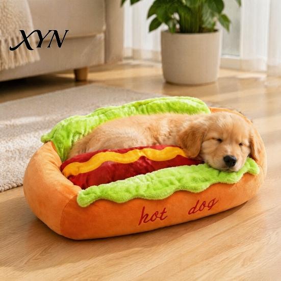 Lustiges Hot-Dog-Form Haustierbett, Niedliches Gemütliches Kuschel-Bett mit Abnehmbarem Waschbarem Polster, Atmungsaktiv mit Dickem Futter Brötchen-Plüsch für Kleine Hunde Katzen Weiches Sofa