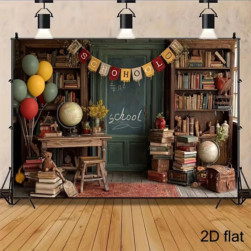 2D Flat Retro School Room Backdrop Vintage Book & Globe Photography Background