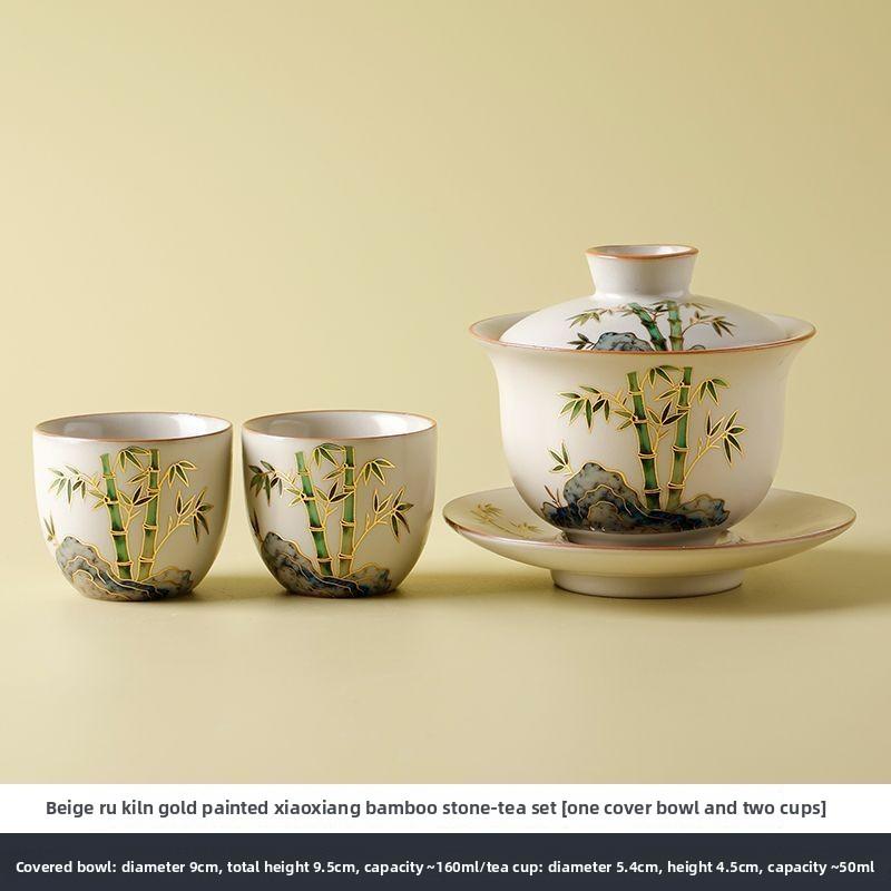 Gaiwan Tea Set 1 Gaiwan, 2 Cups, Hand-painted Ceramic, High-end Kung Fu Tea Set, Ru Kiln Teaware