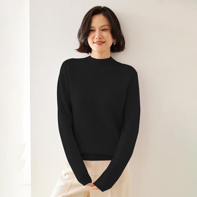 Women's Classic Cashmere Sweater - Autumn/Winter Style, Seven-Stitch Half-High Collar, Regular Shoulder, Long Sleeve, Solid Color, Commuter-Friendly.